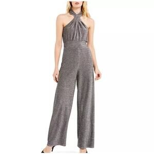 NWT Michael‎ Kors Women’s Halter Neck Lurex Twist Jumpsuit Size XL Silver Gray